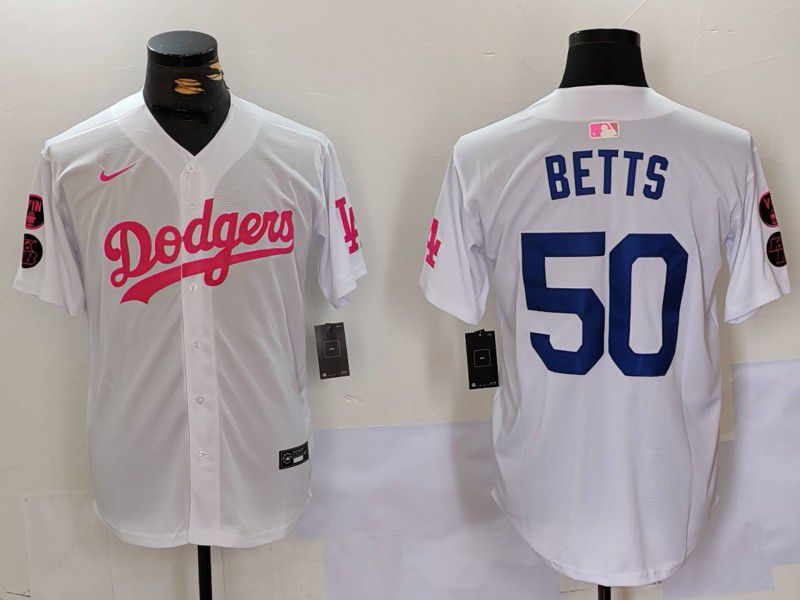 Men Los Angeles Dodgers 50 Betts White pink joint name 2024 Nike MLB Jersey style 1